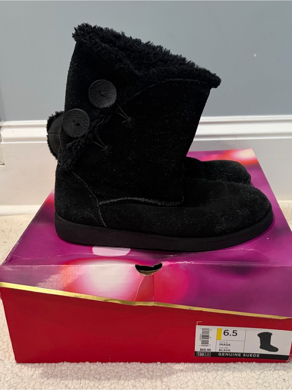 Women’s Black Faux-Suede Button Winter Boots